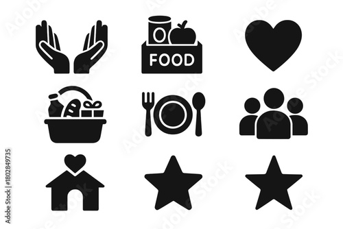 Community Support Icons. Solid style icons of community support: open hands, food donation box, heart, gift basket, shared meal,