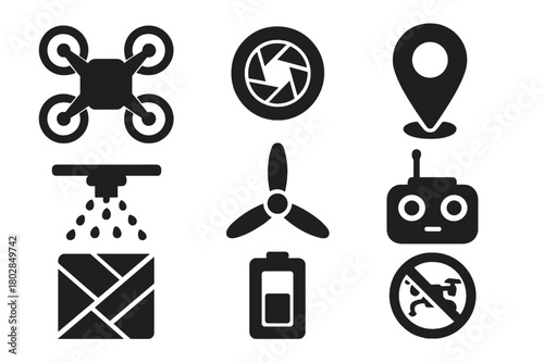 Agricultural Drone Icons. Solid style icons of agricultural drones: quadcopter, camera lens, GPS pin, spraying nozzle, propeller,