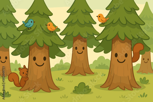 Smiling Pine Tree Grove. Friendly pine tree grove with smiling faces on trunks, little birds and squirrels peeking out