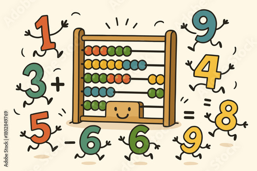 Dancing Doodles and Abacus. Playful calculation scene with doodle numbers jumping around a cheerful abacus