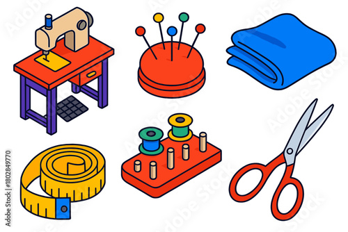 Couture Sewing Essentials. Isometric vector illustration set Couture Sewing: Sewing Table, Pins, Silk Fabric, Measuring Tape,