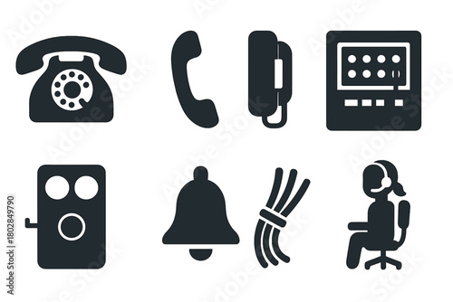 Historic Telephony Icons. Solid style icons of Historic Telephony: Rotary Dial, Handset, Wall Phone, Switchboard, Wooden Box, Bell