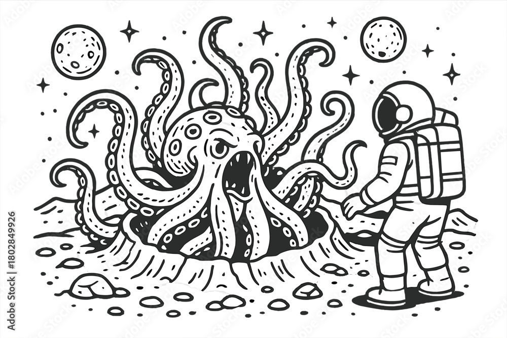 Fototapeta premium Lunar Tentacle Encounter. Astronaut encountering a massive tentacled creature emerging from a crater on a distant moon, black and