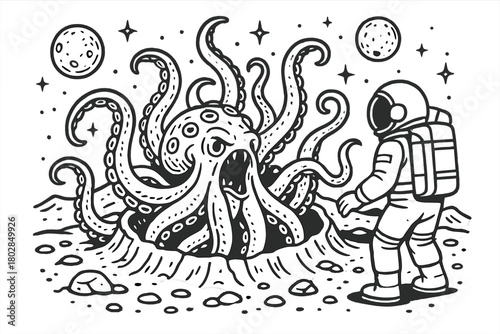 Lunar Tentacle Encounter. Astronaut encountering a massive tentacled creature emerging from a crater on a distant moon, black and