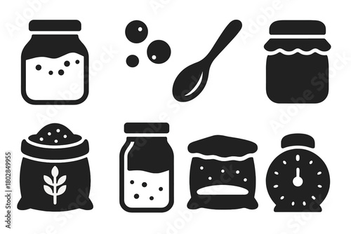 Fermentation Icon Set. Solid style icons of Starter Growth: Rising Jar, Bubbles Forming, Wooden Spoon, Cloth Cover, Grain Bag,