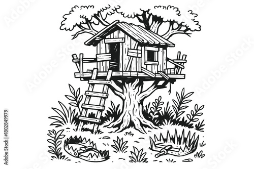 Intricate Treehouse Base. Makeshift treehouse base built from scavenged wood and metal, surrounded by traps and wild plants, black