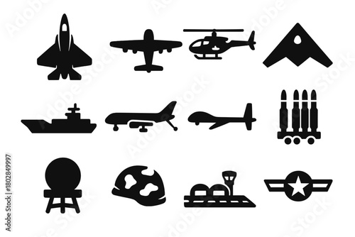Military Aviation Icons. Solid style icons of military aviation: fighter jet, bomber, attack helicopter, stealth aircraft,