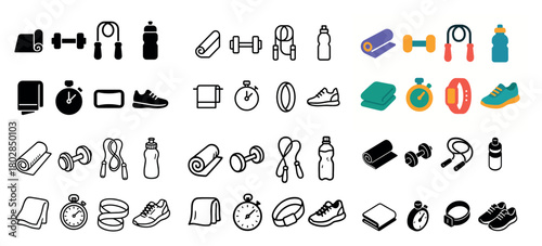Fitness equipment icons collection
