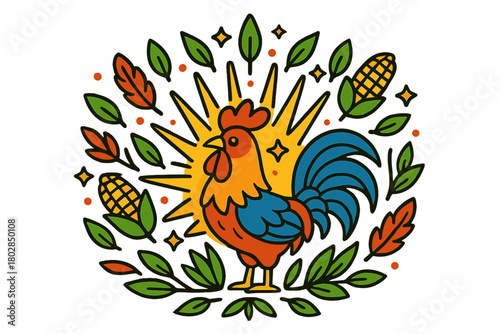Rooster Sunrise Mandala. Rooster in the middle with sun rays, feathers, corn, and stars forming a sunrise farm mandala, bright