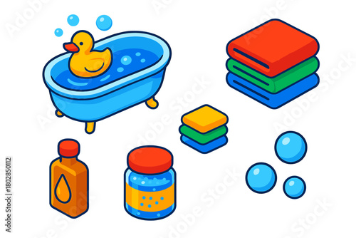Spa Bathhouse Icons. Isometric vector illustration set Spa Bathhouse: oval bathtub, rubber duck, rising bubbles, towel stack,