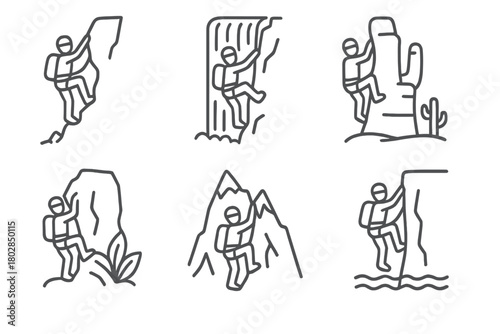 Adventure Climbing Icons. Line style icons of adventure climbing: cliff ridge, waterfall climb, desert tower, jungle rock, alpine