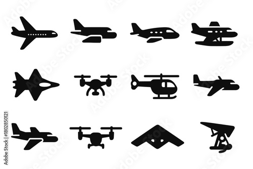 Modern Aircraft Icons. Solid style icons of modern aircraft: passenger jet, cargo plane, private jet, seaplane, fighter jet, drone