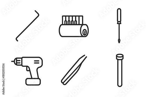 Locksmith Tools Icons. Line style icons of locksmith tools: tension wrench, pin tumbler, screwdriver, drill, tweezers, plug