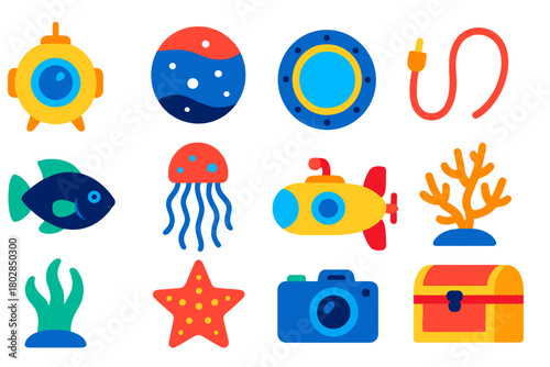 Deep Sea Icons. Flat vector icons of Deep Sea Exploration: bathysphere, deep sea, porthole, cable, unknown fish, bioluminescent