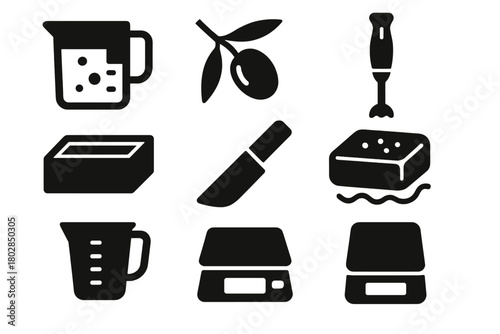 Cold Process Soap Icons. Solid style icons of Cold Process Soap: Lye Solution, Olive Oil, Stick Blender, Soap Mold, Cutting Knife,