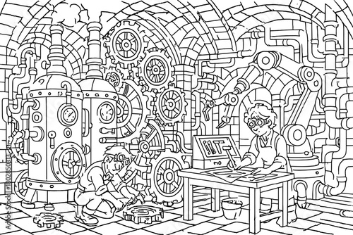 Steampunk Workshop Scene. Underground steampunk workshop with giant boilers, gears turning, robotic arms, and inventors at work,