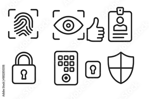 Biometric Security Icons. Line style icons of Biometric Security: Fingerprint Scanner, Eye Recognition, Grant Access, Identity