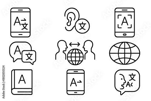 Language Translation Icons. Line style icons of Language Translation: Translation App, Earpiece, Live Text, Cross-Cultural