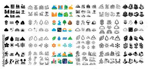 Nature icon set: trees, mountains, weather