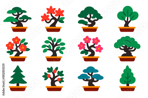 Bright Bonsai Icons. Flat vector icons of Miniature Trees: bonsai pine, bonsai maple, bonsai juniper, bonsai ficus, bonsai azalea,