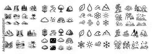 Nature symbols set: trees, flowers, mountains