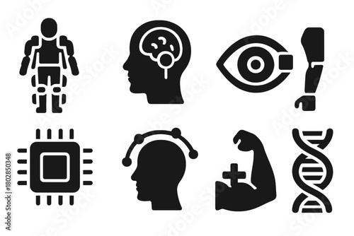 Human Enhancement Icons. Solid style icons of Human Enhancement: exoskeleton, brain implant, augmented eye, prosthetic limb,