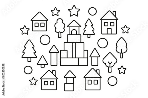 Symmetrical Toy Wonderland. Building blocks in the center with toy houses, trees, balls, and stars radiating outward in symmetry,
