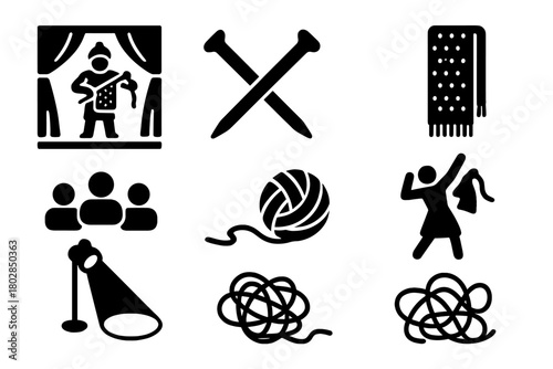 Knitting Stage Performance. Solid style icons of Knitting Performance: Stage Knitter, Oversized Needles, Long Scarf, Audience,