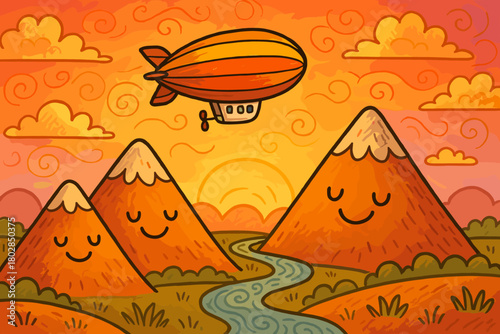 Zeppelin Over Joyful Landscape. Cheerful sunset background, zeppelin gliding above smiling mountains and doodle rivers