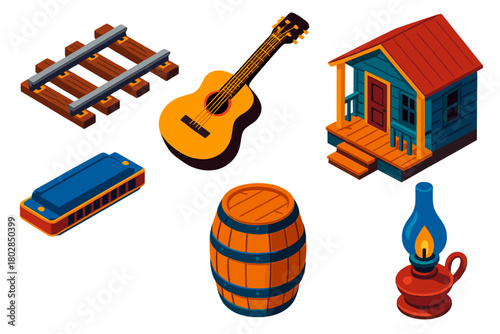 Delta Blues Icons. Isometric vector illustration set Delta Blues: Railroad Track, Acoustic Guitar, Harmonica, Porch, Wooden Barrel