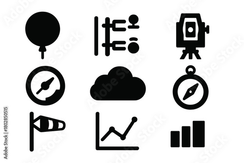 Atmospheric Data Icons. Solid style icons of Atmospheric Data Collection: Weather Balloon, Sensors, Theodolite, Altimeter, Cloud,