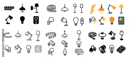 Diverse lamp and lighting icons collection