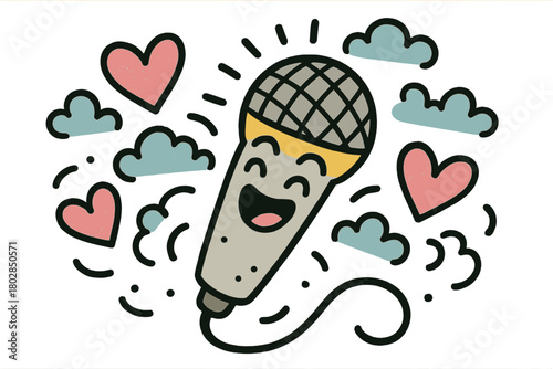 Singing Microphone Delight. Playful doodle vector art of a cheerful microphone singing with a big smile, floating sound waves