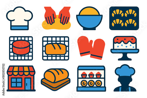 Modern Baking Icons. Flat vector icons of baking scenes: baker’s hat, hands kneading dough, dough rising in bowl, tray of