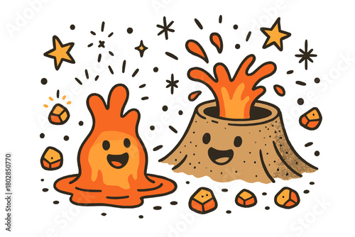 Lively Lava Conversation. Playful doodle vector scene of lava and a crater chatting joyfully, with doodle sparkles, stars, and