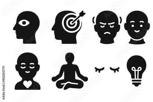 Mental Training Icons. Solid style icons of Mental Training: Visualization, Focus, Concentration, Calm Mind, Breathing, Meditation