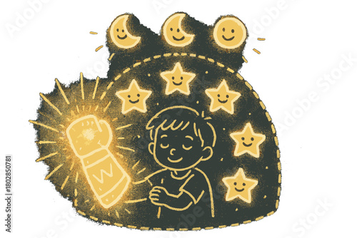 Magical Protective Vambrace. A doodle of a glowing vambrace protecting a child, with smiling stars forming a shield dome around