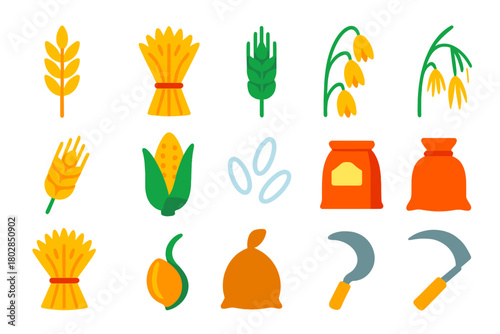 Vibrant Grain Icons. Flat vector icons of wheat and grains: wheat stalk, wheat bundle, rye stalk, oat stalk, barley stalk, corn