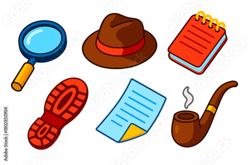 Detective Tools Icons. Isometric vector illustration set Detective Tools: magnifying glass, classic fedora hat, shoe footprint,