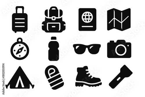 Travel Essentials Icons. Solid style icons of travel essentials: suitcase, backpack, passport, map, compass, water bottle,
