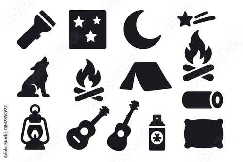 Night Camping Icons. Solid style icons of night camping: flashlight, starry sky, crescent moon, shooting star, wolf silhouette,