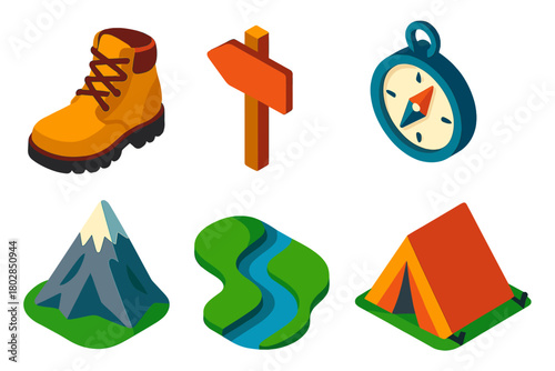 Nature Hiking Icons. Isometric vector illustration set Nature Hiking: durable boot, small trail sign, compass point, sharp