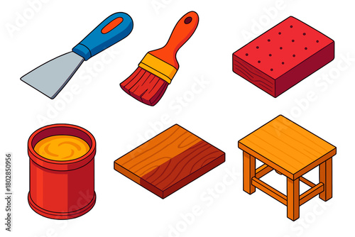 Restoration Tools Icons. Isometric vector illustration set Restoration: Paint Scraper, Brush, Sandpaper, Varnish, Original Surface