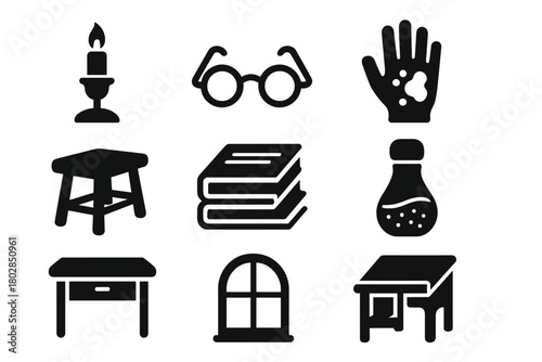 Scriptorium Essentials Icons. Solid style icons of Scriptorium Life: candle stand, reading glasses, ink-stained hand, scribe stool