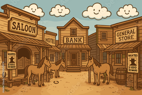 Wild West Delight. Charming Wild West town street with saloon, wanted posters, horseshoes, and happy doodle clouds