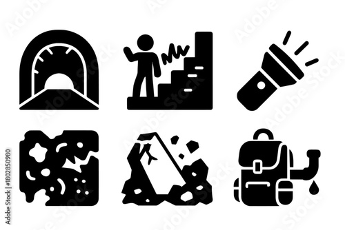 Hidden City Icons. Solid style icons of Hidden City Spaces: Tunnel, Graffiti, Abandoned Staircase, Flashlight, Rust, Debris,