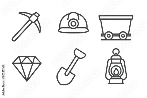 Mining Essentials Icons. Line style icons of mining essentials: pickaxe, helmet, mine cart, gemstone, shovel, lantern. No text, No