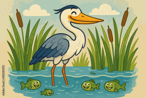 Heron and Smiling Fish. Happy heron standing among reeds, little fish peeking with grins below the surface