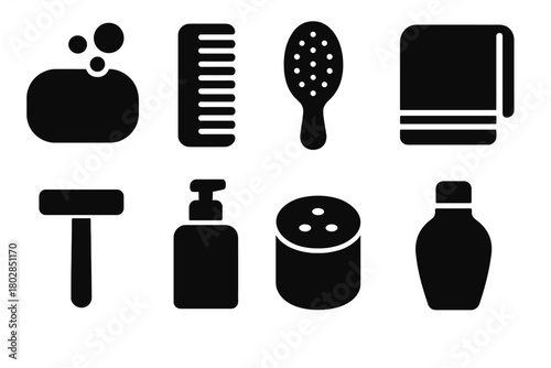 Retro Personal Care Icons. Solid style icons of Retro Personal Care: Soap, Comb, Hairbrush, Towel, Razor, Lotion, Powder Tin,