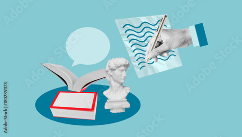 Knowledge and Inspiration - Open Book with Speech Bubble and Hand Taking Study Notes. Artistic Education Theme, Creative Writing and Idea Generation